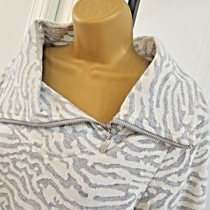 Minimalist Funnel Neck Asymmetric Zip Sweater Womens Lge Gray White Made In USA